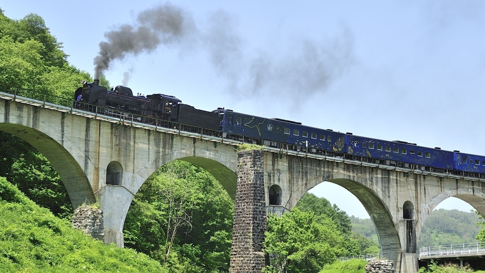 岩手遠野，蒸汽列車駛過眼鏡橋（岩手県）