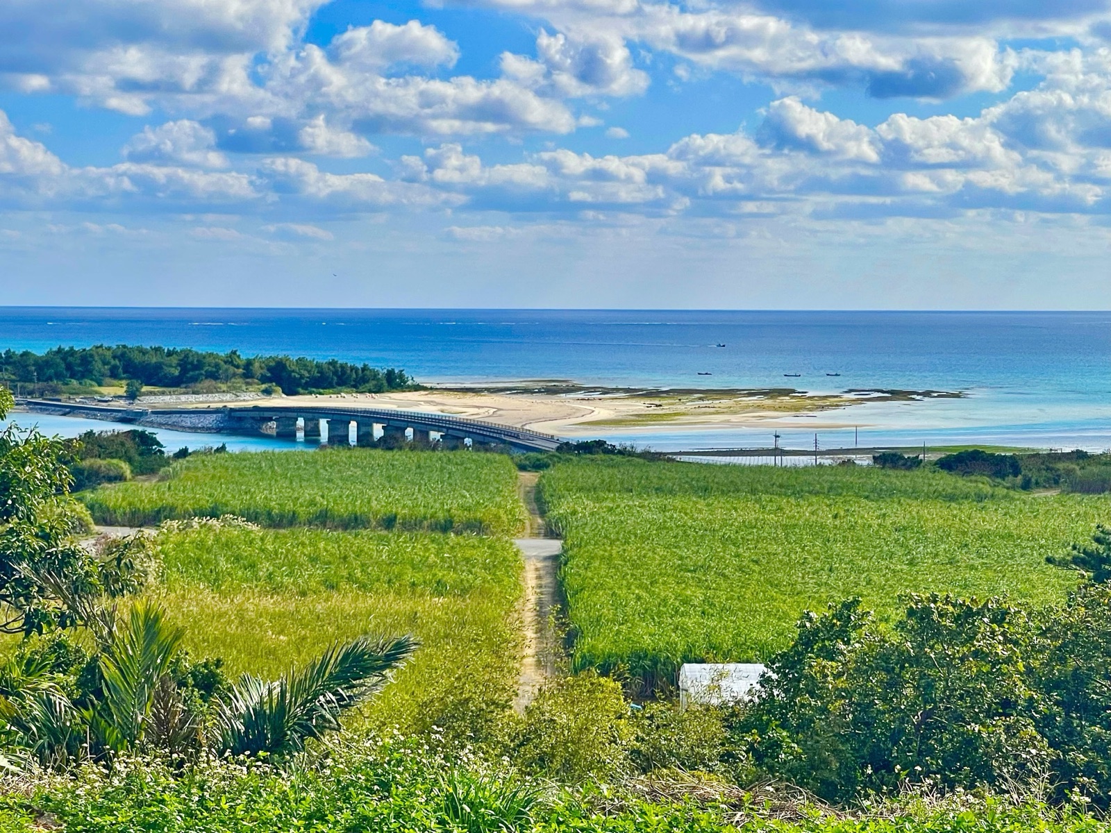 久米島高台俯瞰 奧武島與漸層海景（沖縄県）