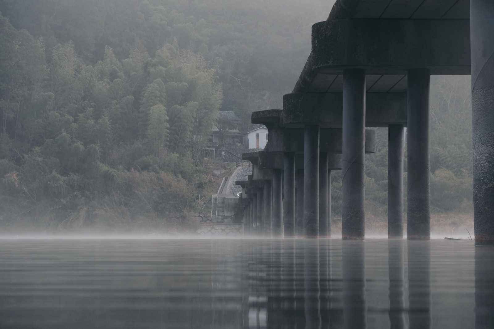 高知縣晨霧沈下橋：霧氣與石柱編織的幻境（高知県）