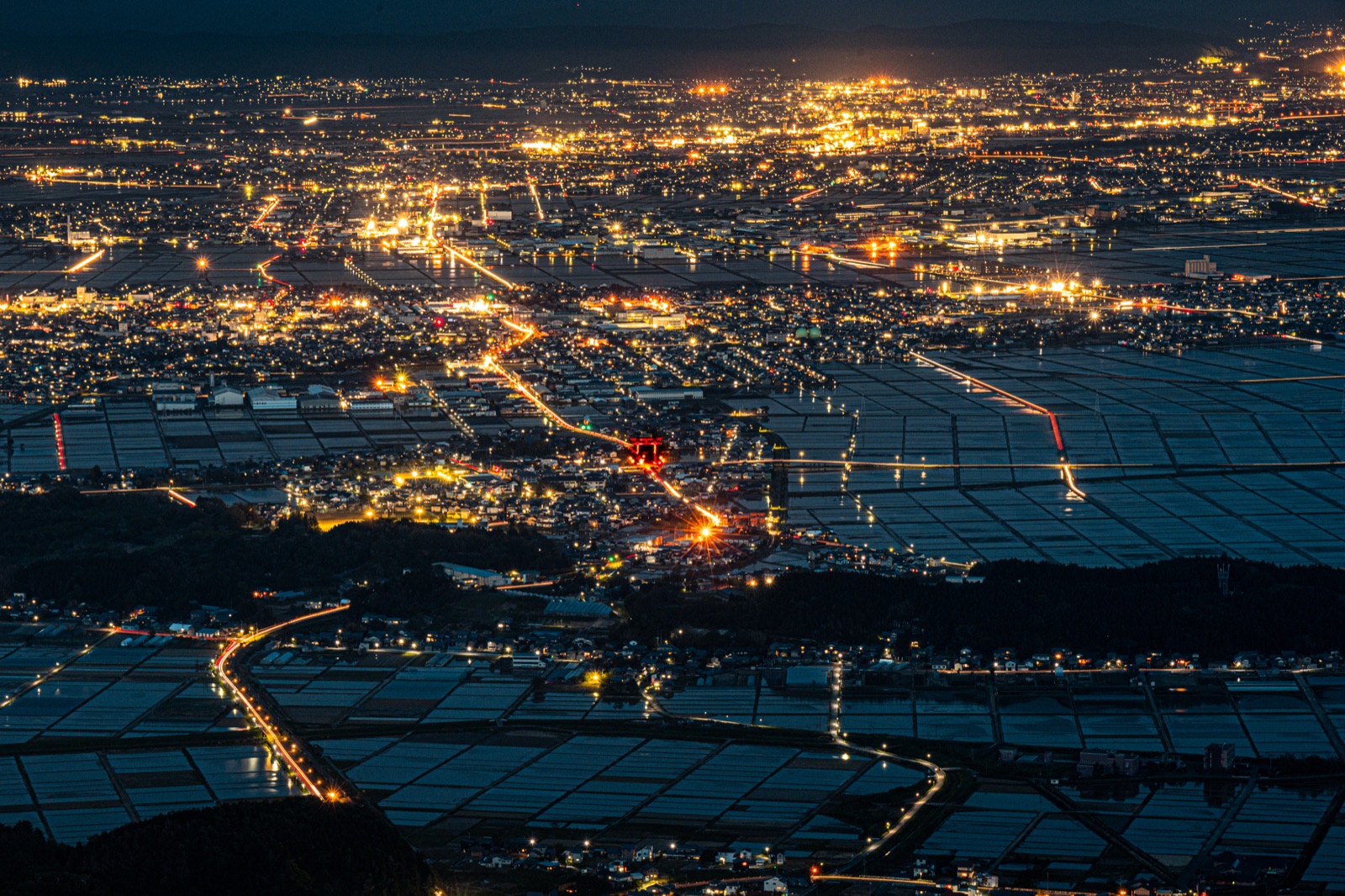 彌彥山頂俯瞰 水田夜景如珠玉散落（新潟県）