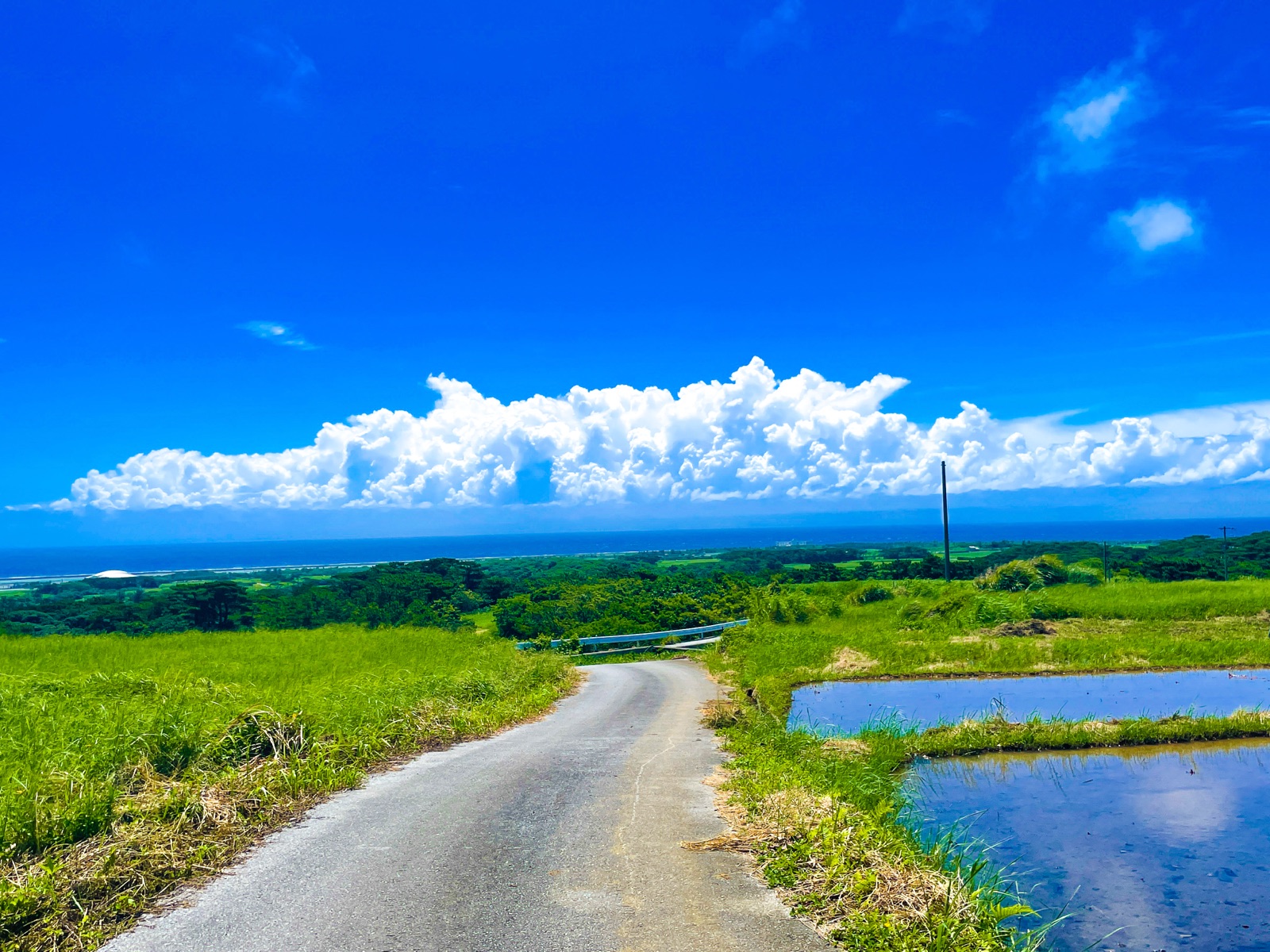 久米島夏日午後：雲影映在殘留的水田（沖縄県）