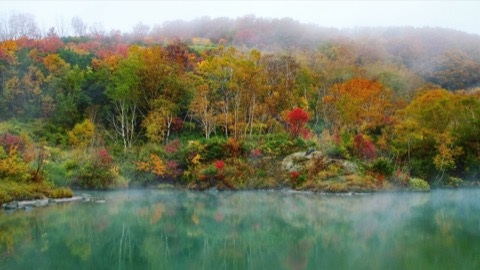 朝霧與溫泉煙靄——青森地獄沼的寧靜時刻（青森縣）