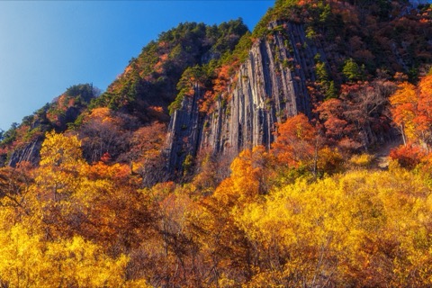 布岩山的柱狀絕壁 長野秋山郷的靜謐光景（紅葉）