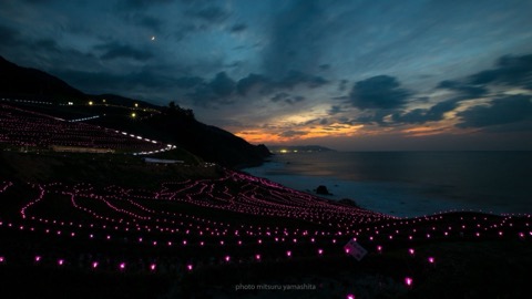 世界農業遺産 白米千枚田 夕日とイルミネーション